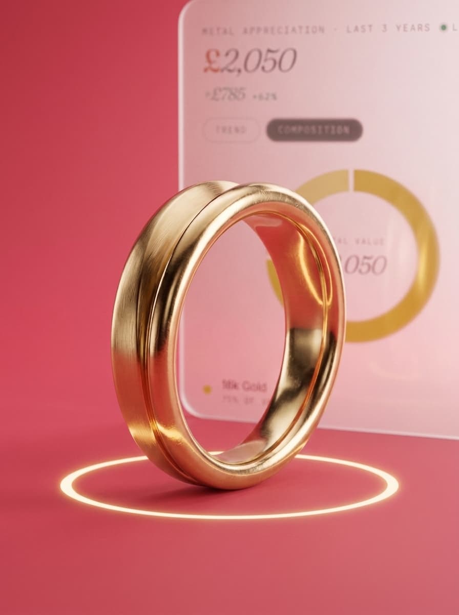 A gold ring on a jewellery cushion in front of a Redisco card showing its metal value up 62% over three years
