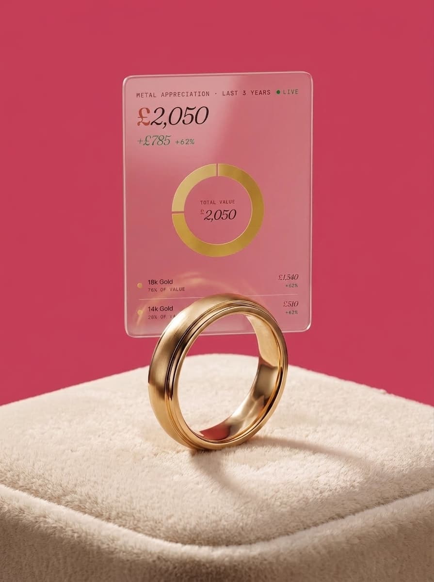 A gold ring on a jewellery cushion in front of a Redisco card showing its metal value up 62% over three years
