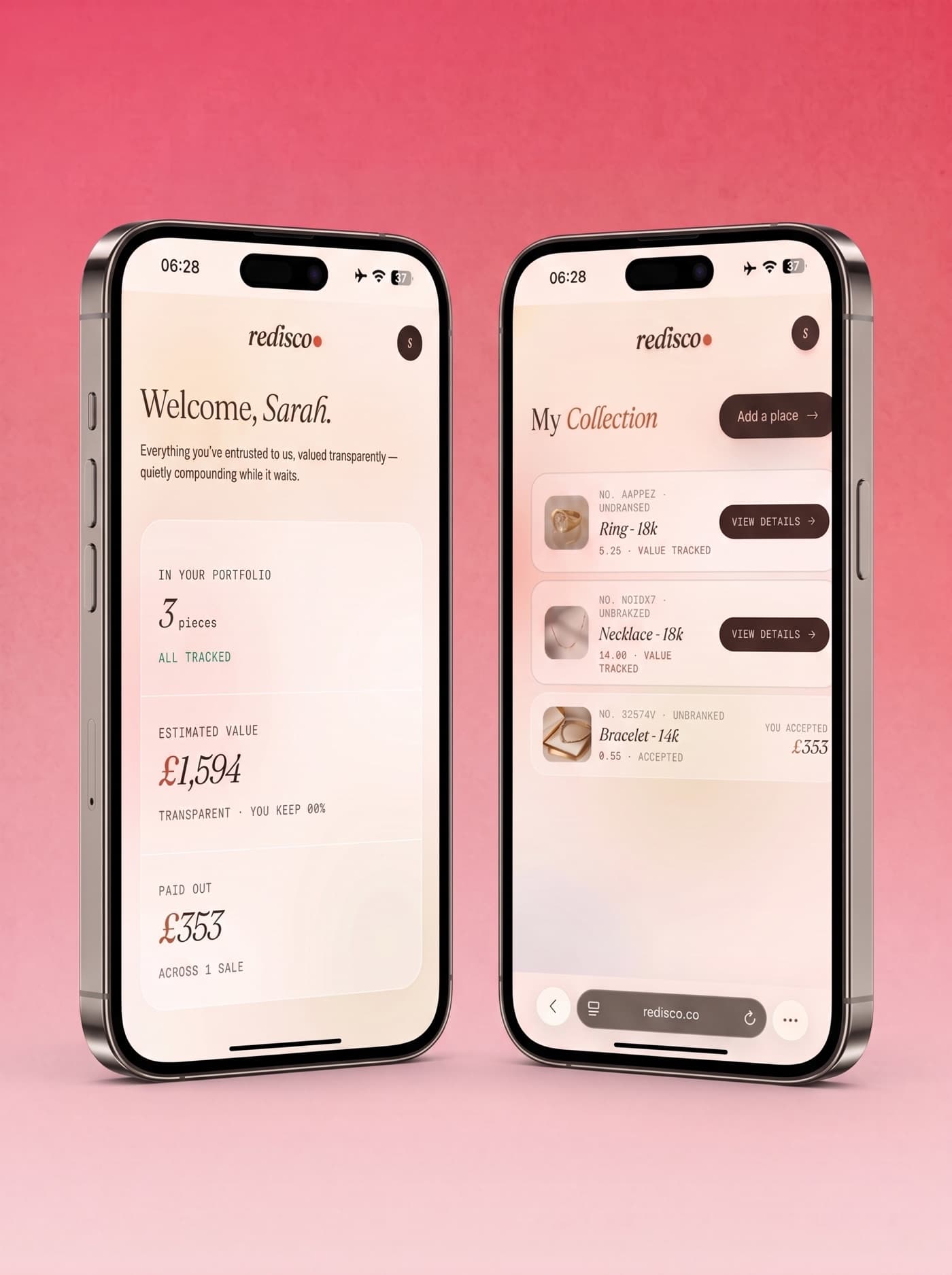 The Redisco app across two phones. A piece's valuation and the live portfolio